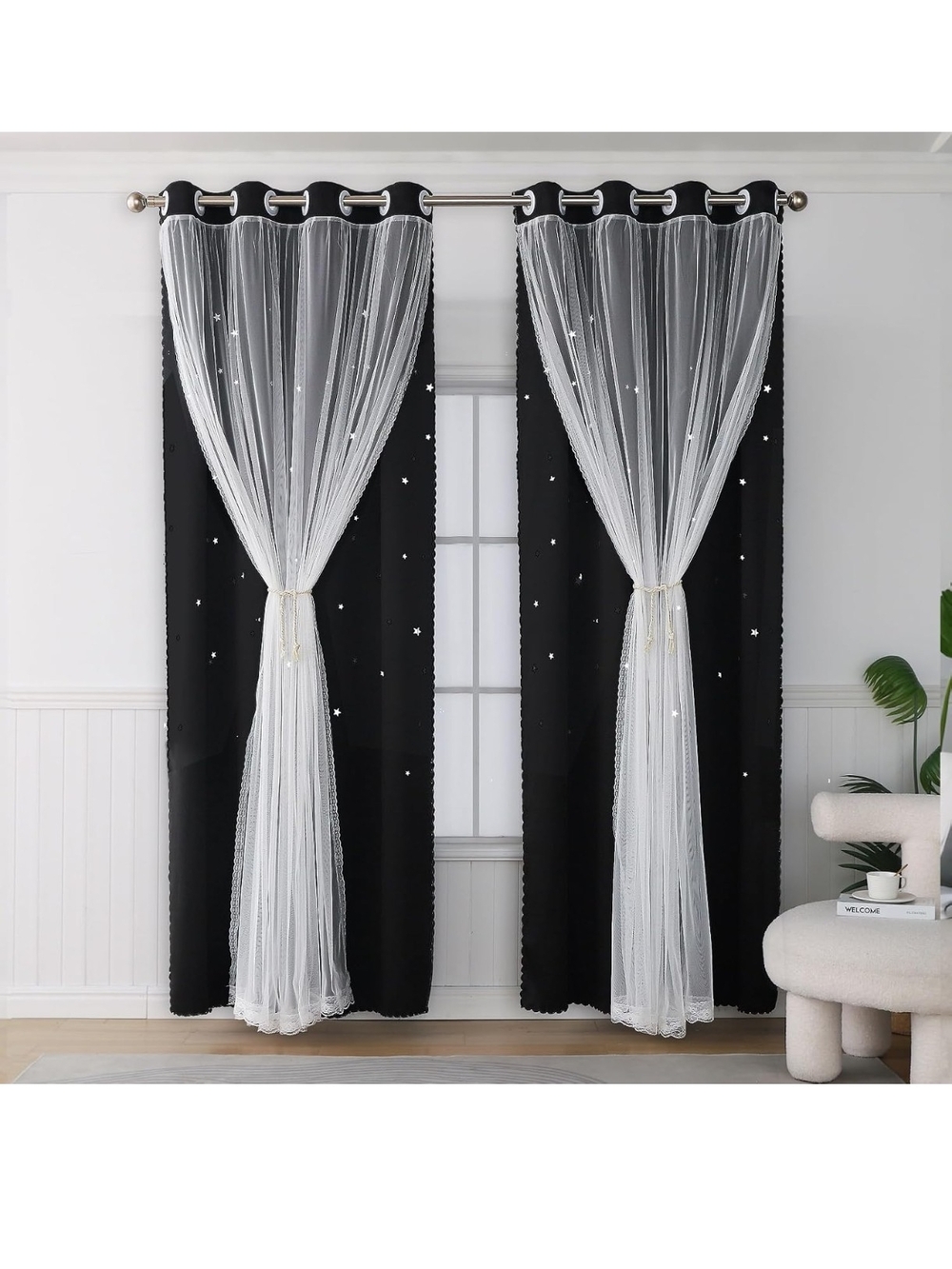 Black and White Star Sheer Layered Curtain Panels -